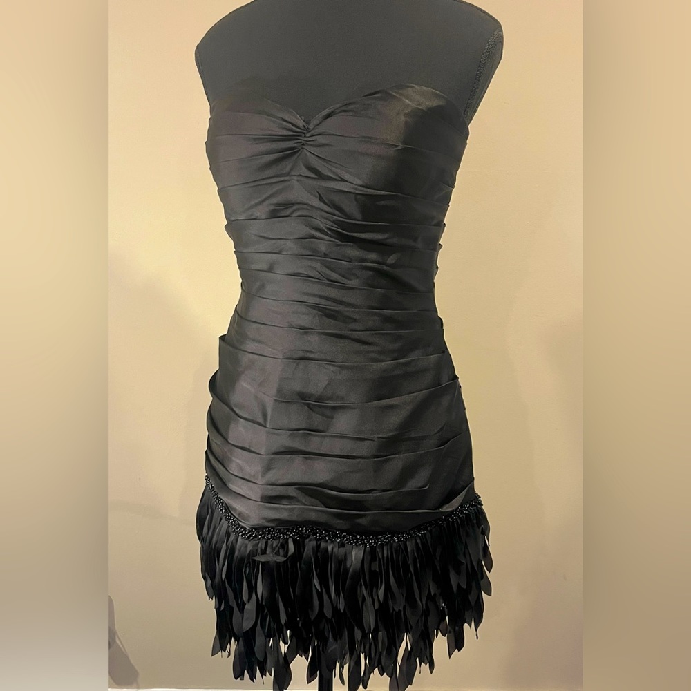 JS Collections RUCHED BLACK MINI DRESS WITH CRYSTALS AND FRINGE